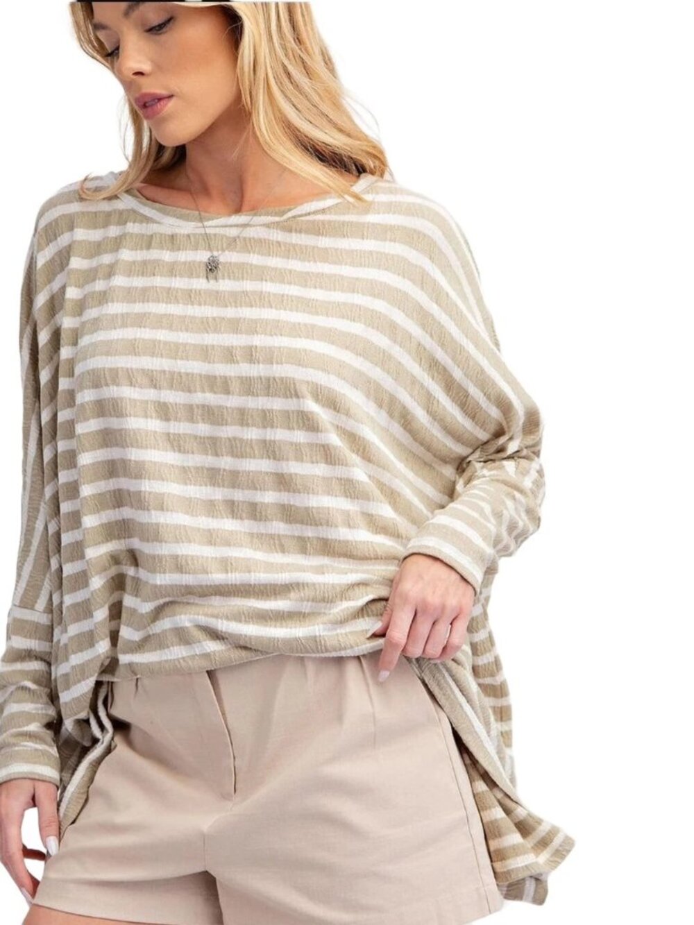 E23 Easel Faded Sage Tan-ish and White Oversized Stripe Top Plus Size